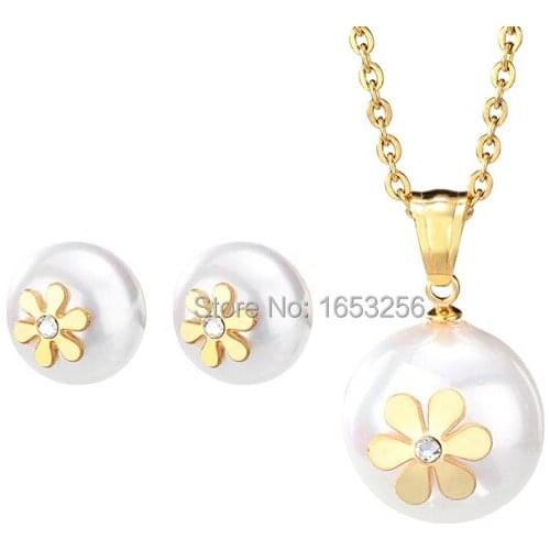 20'' Chain Women Pretty flower design Stainless Steel Drill Pearl Necklace & Earring Fashion Jewelry Set