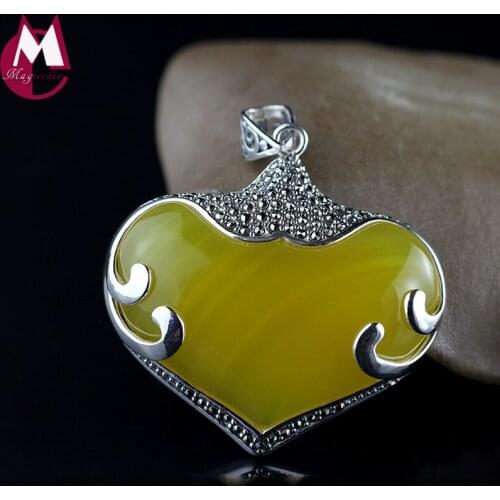 Handmade heart pendants for women big yellow chalcedony hyperbole ethnic jewelry 100% 925 sterling silver necklace March 8 gifts