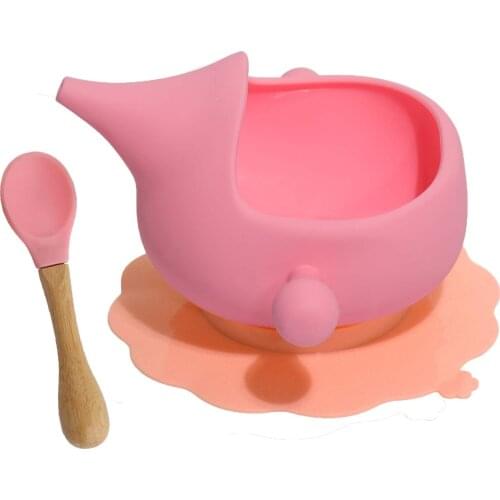 Infant Self Silicone Baby Suction Bowl with Spoon Baby 3pcs/set First Feeding Set for kids Toddler Led Weaning (Grey pink green)