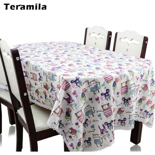 Teramila Table Cloth With Lace Dining Rectangular Tablecloth Thick Linen Cover Lovely Cartoon Design For Wedding Kitchen Party