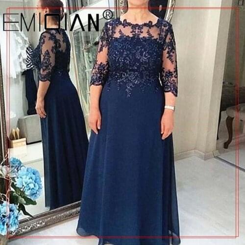 Dark Navy Mother of the Bride Dress for Wedding Party Lace Chiffon 3/4 Sleeves Plus Size Mother of the Groom Suits Evening Gowns