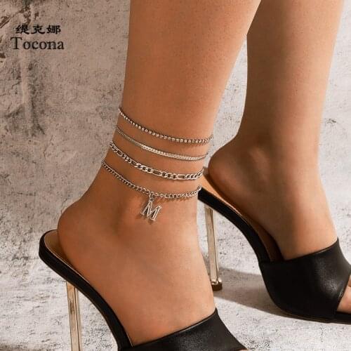 Tocona 4pcs/sets New Trendy Silver Color Letter M Foot Chain for Women Charms Alloy Metal Barefoot Sandals Adjustable Anklet