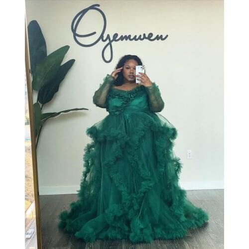 Green Fluffy Tulle Maternity Dress Ruffled Photoshoot Maternity Robes Front Split Off the Shoulder Photography Dress Women Robe