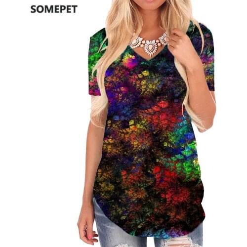 SOMEPET Psychedelic T-shirt women Colorful V-neck Tshirt Graphics T-shirts 3d Art Tshirts Printed Womens Clothing Summer Cool
