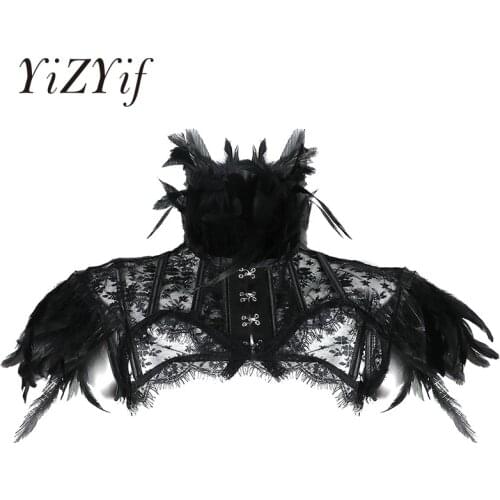 Feather Cape Women Retro Vintage Punk Gothic Wraps Feather Collar Shoulder Lace Cape Bolero Jacket Shrug Tops Halloween Costumes