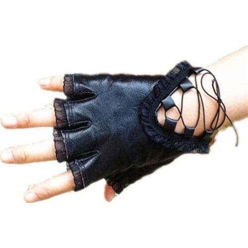 Female Black Half Finger Genuine Leather Gloves Ladies Dance Costume Lace Glove Soft Sheepskin Trim Sexy Gloves Without Finger