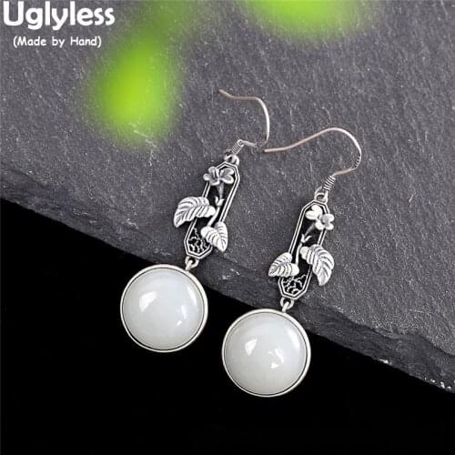 Uglyless Ethnic Thai Silver Leaves Earrings for Women Nature Hotan White Jade Earrings 925 Silver Brincos Bijoux Vintage Jewelry