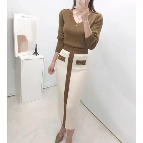 2021 Autumn Korean Knitted Elegant Two Piece Sets Women V-neck Sweater + Color-blocked Long Skirt Ladies Fashion Suits Outfits