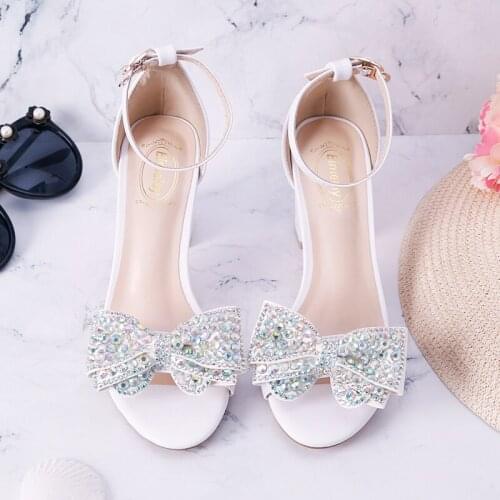2021 summer open-toed white sandals one word wristband rhinestone bow thick high heels large size banquet female wedding shoes