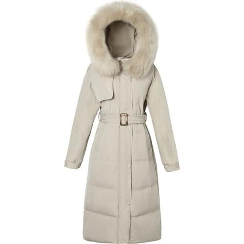 2021 New Fashion Winter Jacket Women Belt Big Fur Hooded Down Parkas Female Jacket X-Long Coat Slim Warm Winter Outwear