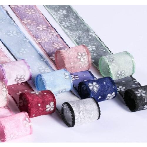 5 yards/lots Silver Glitter Flower Printed Chiffon Organza Satin Ribbon for DIY Hair Bow Clothing Material Gift Packaging use