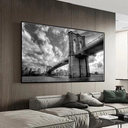 Black And White Brooklyn Bridge Landscape Large Modern Poster Print Canvas Painting Mural Picture Living Room Mural