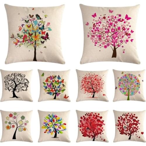 Colorful Tree Printed Cotton Linen Cushion Cover Flower Tree Love Home Decor Pillowcase Octopus Sofa Bedding Cushion Case