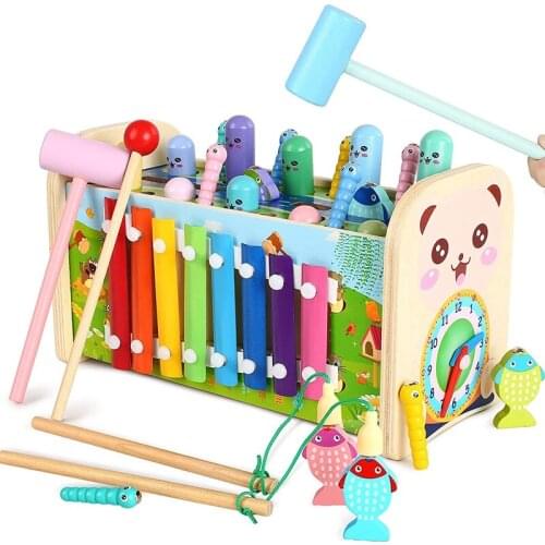 Wooden Hammering Pounding Educational Toy with Fishing Game Xylophone Moving Gears Clock Fine Motor Skills Toys
