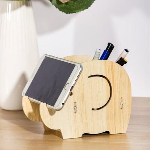 Wood Pen Holder With Cell Phone Stand Holder For Desk Mobile Phone Pad Dock Cartoon Elephant Office Supplies Easy To Assemble