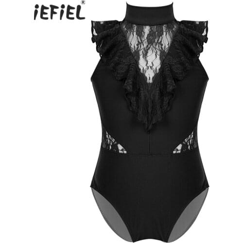 Kids Girls Sleeveless Ballet Dress Ballerina Jumpsuit Dancewear Soft Ruffled Lace Back Zipper Ballet Costumes Gymnastics Leotard