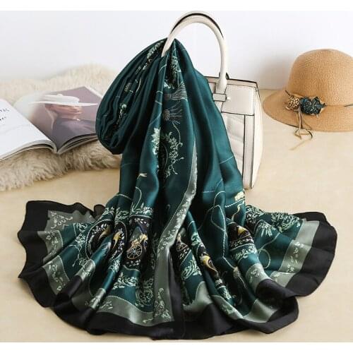 Elegant Imitation Silk Scarf Womens Luxury Shawl Floral Print Ladies Long Hijab Silky Soft Wrap Sunscreen Sjaal 180cm*90cm