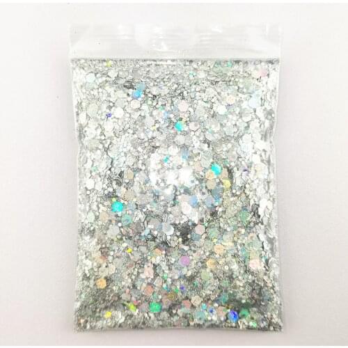 50G Holographic Mixed Hexagon Shape Chunky Nail Glitter Silver Sequins Laser Sparkly Flakes Slices Manicure Nails Art Decoration