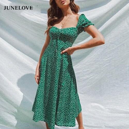 JuneLove Summer Vintage Party Dress Square Collar Ruffle Elegant Sexy Boho Dress Beach Female Polka Dot Print Mid Dress Vestidos