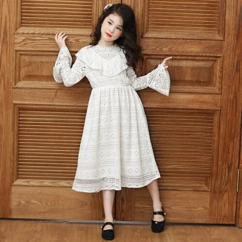 Quality Girls Clothing Baby Girl Openwork Lace Princess Dress Autumn Cotton Long Sleeves All White Beach Dress Kids Clothes
