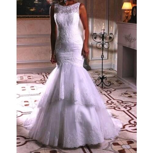 Tiered Lace Mermaid Wedding Dresses 2016 Sexy Wedding Gowns Applique White Bridal Gown Custom Made Vestido De Noiva Sereia