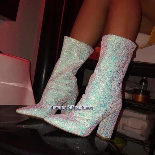 Fashion Block Chunky Heeled Ankle Boots Shiny Bling Bling Woman Sexy High Heel Short Boots Party Shoes