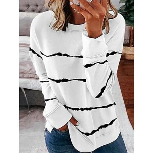 European and American new casual womens wear white round collar long sleeve loose stripe large T shirt