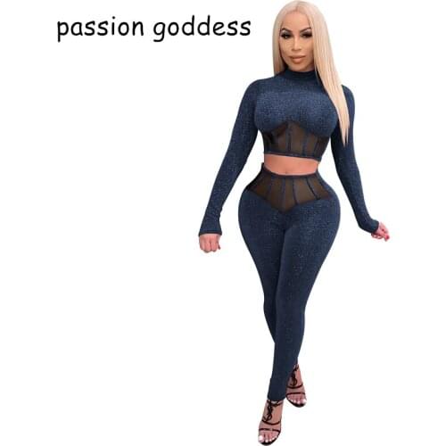 Spring Autumn 2020 New Two Piece Outfits for Women Fashion Shiny Perspective Mesh Patchwork Hollow Out Sexy Two-piece Suit Sets