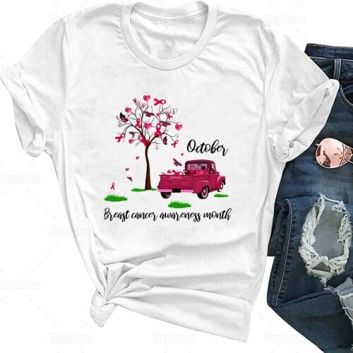 New Arrival Women Aesthetic Breast Cancer Awareness T Shirt Car and Tree October BCAM Graphic Tees Dropshipping