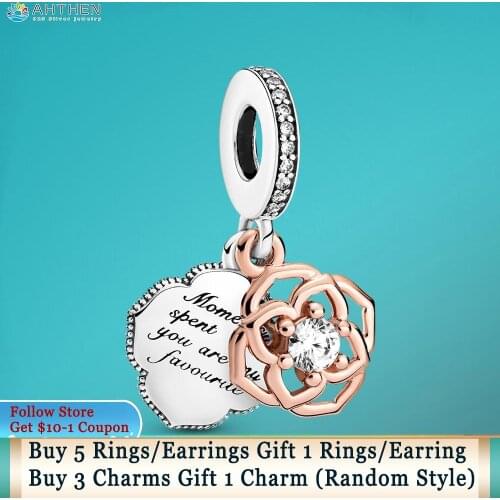 Ahthen 925 Sterling Silver Charm Two-tone Rose Dangle Charm fit Original Pandora Bracelets Women Jewelry Making Girl DIY Jewelry