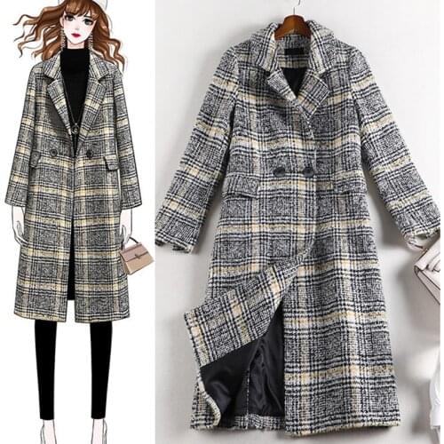 Plus size 5XL Jackets Women Plaid Wool Blends Coat Loose Long Double breasted Woolen Outerwear Winter Coat Office Overcoat G800