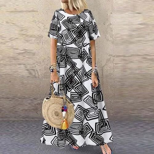 Bohemian Printed Maxi Dress Womens Summer Sundress ZANZEA 2021 Casual Short Sleeve Maxi Vestidos Female O Neck Robe