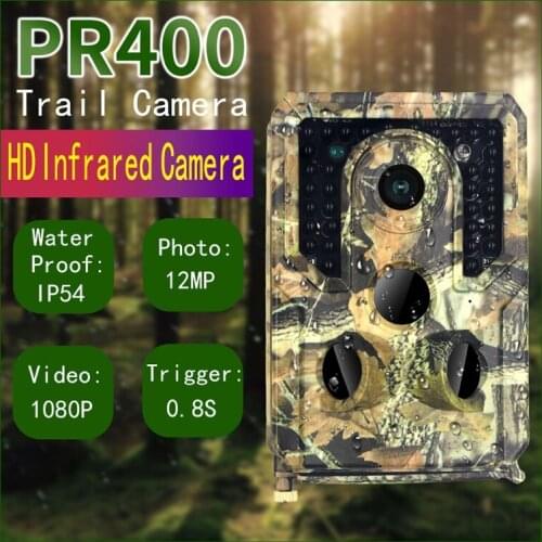 PR400 12MP Trail Camera,1080P Hunting Camera with 34pcs IR LEDs Night Vision 0.8s Trigger Time IP54 for Wildlife Monitoring