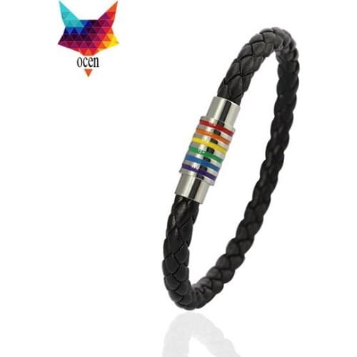 Rainbow jewelry pu leather bracelet for women Men Bracelet gay accessories wholesale Energy Bracelet Stainless Steel PB-004