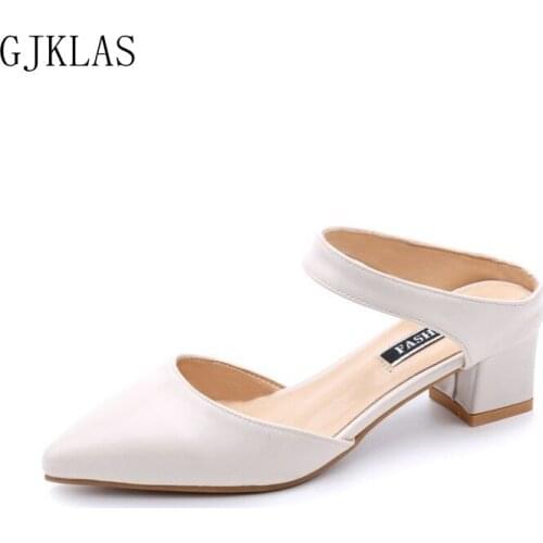 Pointed Toe Kitten Heels Leather Sandals Women Summer Shoes Femme Chunky Heels Slippers 42 Large Size Women Block Heel Sandals