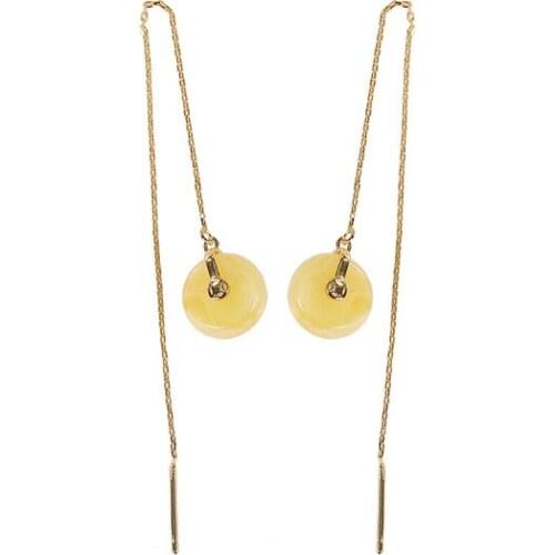 S925 sterling silver gold plated Natural Amber Beeswax Hanging earrings Retro Temperament Ladies Long Peace buckle Earrings