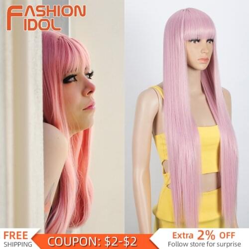 Bob Pink Synthetic Wigs With Bangs Lolia Long Straight Hair 36 Inches Red Anime Wig Cosplay For White Women FASHION IDOL