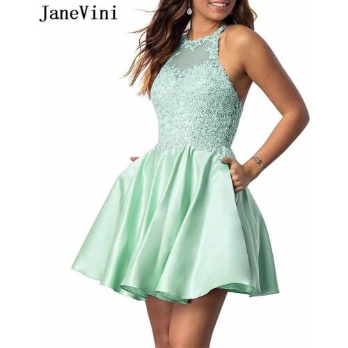 JaneVini Sexy Short Mint Homecoming Dresses Halter Sleeveless Lace Appliques Beaded Backless A Line Satin Mini Prom Party Gowns