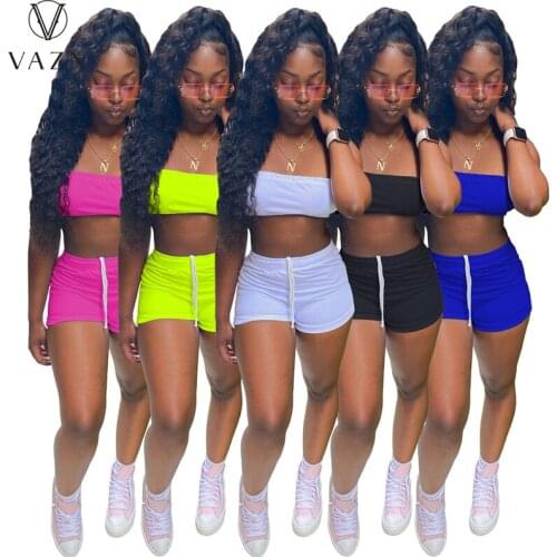 VAZN 2021 INS Solid Simple Tracksuits Set High Street Sexy Young Strapless Top Short Pants Free Women 2 Piece Set Women Wear