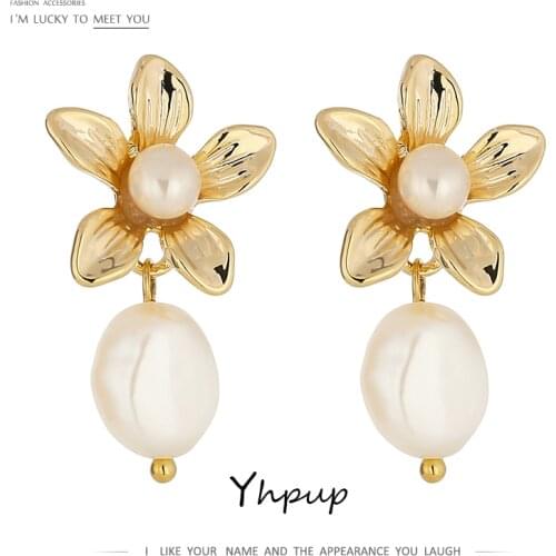Yhpup Fashion Metal Flower Dangle Earrings Elegant Natural Pearl Copper Earrings Jewelry for Women Aretes De Mujer Accessories
