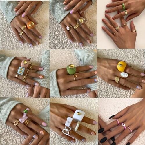 2021 New Goth Gold Color Resin Acrylic Geometric Rings Sets for Women Fashion Cross Twist Crystal Joint Ring Female Jewelry