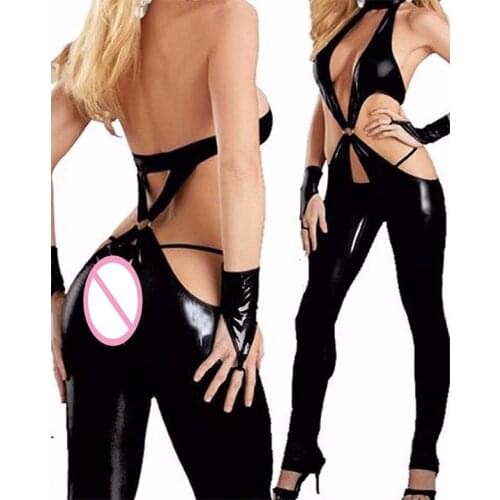 Catwomen Black Faux Leather Bodysuit Women Erotic Fetish Halter Deep V-Neck Hollow Out Playsuit Latex Clubwear Jumpsuit