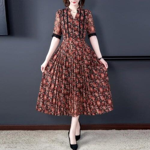 2021 New Summer Temperament French Vintage Chiffon Long Dresses Floral Women Dresses Waist Thin Female Dress