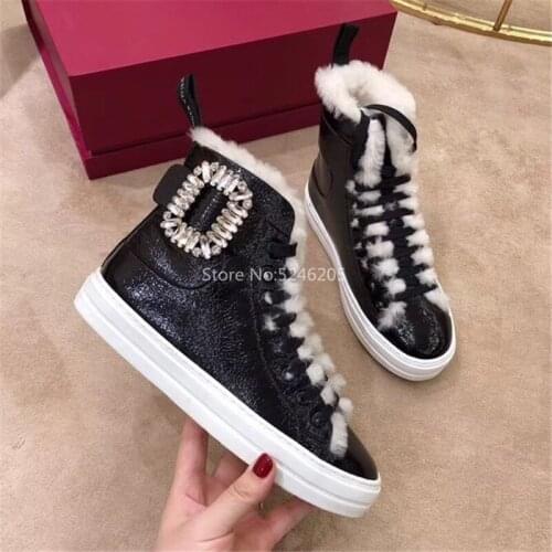 Winter Fashion Women Boots High Top Women Shoes Round Toe Lace Up Genuine Leather Ankle Boots Real Fur Woman Shoes