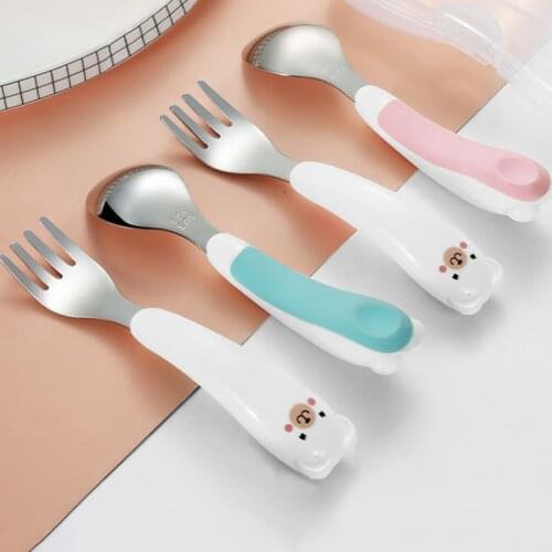 1Pcs Kids Training Spoons 304 Stainless Steel Spoon/Fork Portable Infant Heat-Resistant Cartoon Bear Kitchen Supplies 2Colors
