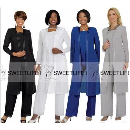 2018 Chiffon Plus Size Mothers Suit with Long Sleeves Jacket Pants Mother of Bride Groom Wedding Party Gowns Evening Prom Dress