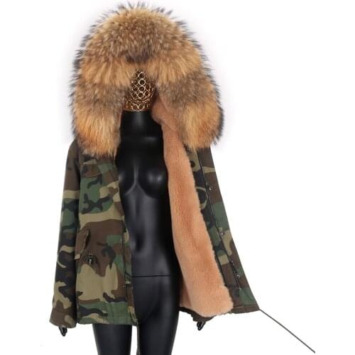 2021 Fashion Real Winter Jacket Natural Fur Coat Real Raccoon Fur Collar Loose Short Green Parker Jacket Fur Removabl