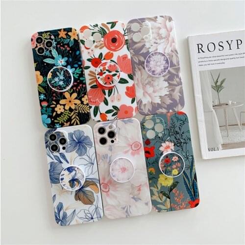 Retro Frosting Flower Leaf Phone Case for iPhone 12 Pro Max 11 X Xs Max XR 7 8 Plus Folding Support Bracket Stand Funda Cover