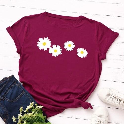 Summer Daisy Print T-shirt Women Harajuku Floral Basic Cotton Tops Aesthetic Oversized Flower Print T-shirt