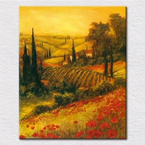 Canvas printed Hillsides covered with poppies from painted landscape oil paintings with gold tone